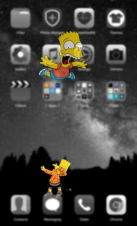 Uma ilustração divertida com Bart Simpson em poses dinâmicas sobre uma interface de smartphone desfocada.