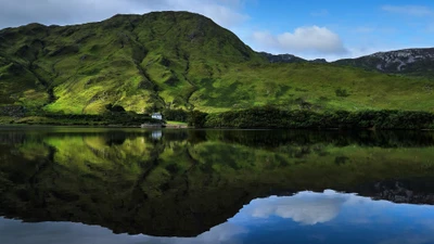 Serene Highland Reflection: Lush Green Mountains and Tranquil Lake