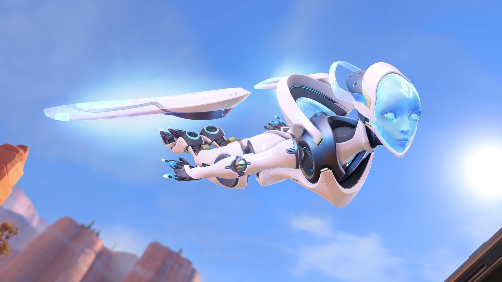 Un gros plan d'un robot volant dans les airs avec une épée (overwatch, jeu vidéo, écho)