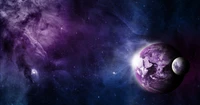 Violet Cosmos: A Celestial Scene of a Planet and Moon Amidst Cosmic Nebulae