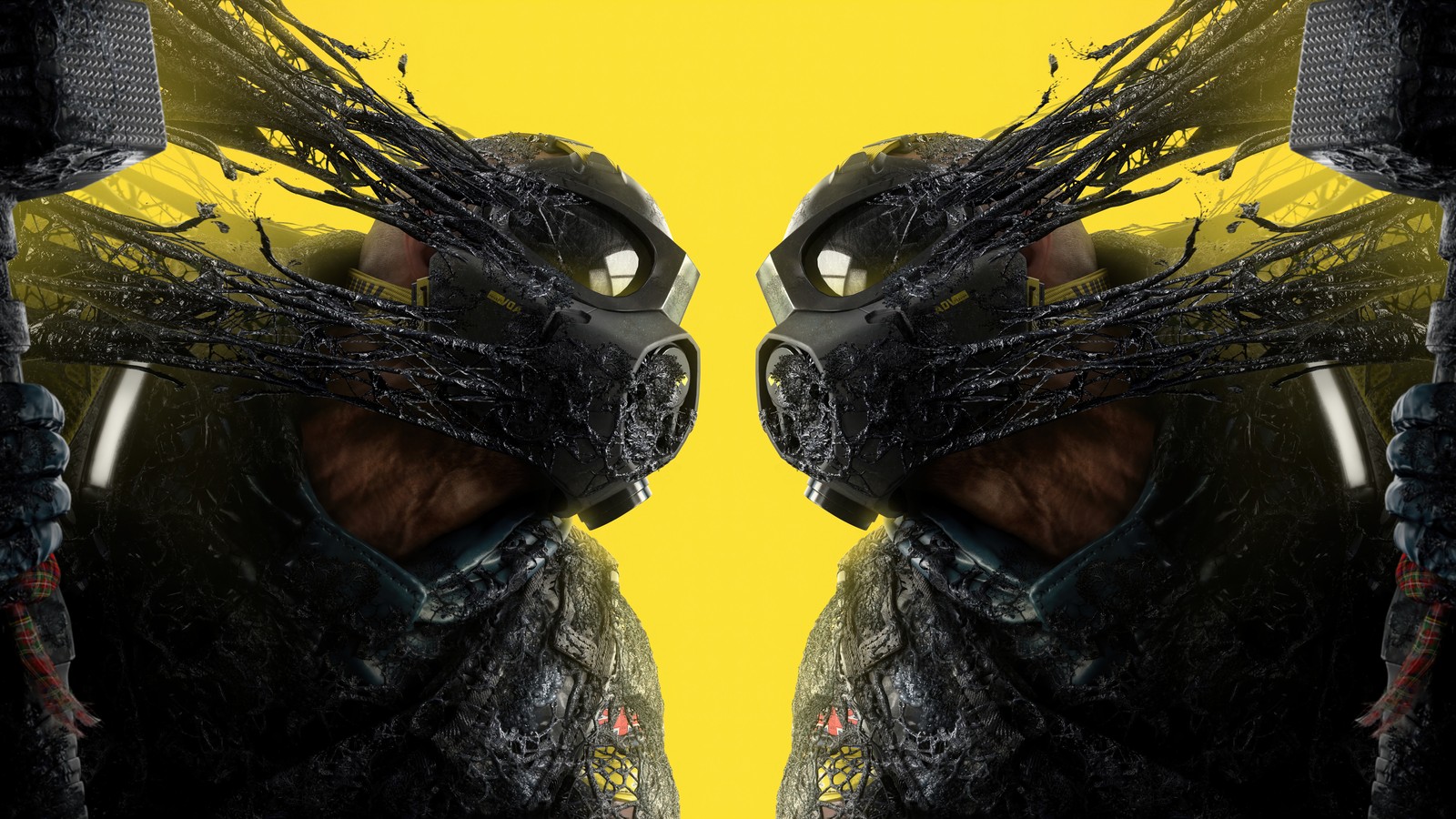 A close up of two people wearing masks with a yellow background (tom clancys, rainbow six extraction, video game, r6 extraction, sledge)