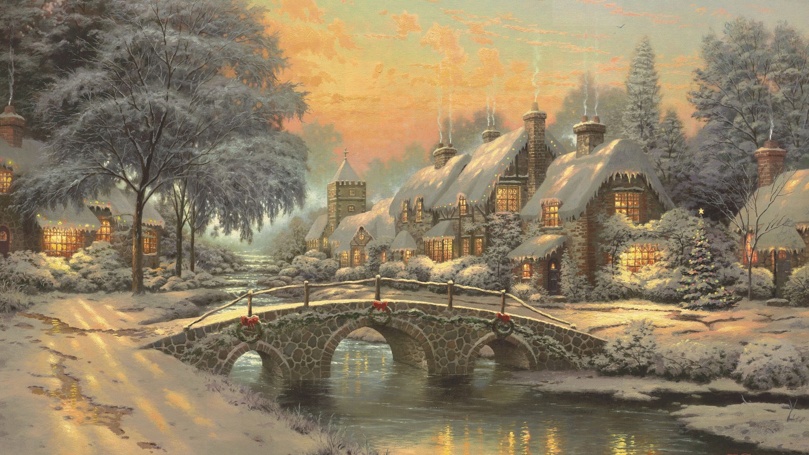 Painting of a snowy village with a bridge and a church (painting, bank, waterway, landscape, watercolor paint)