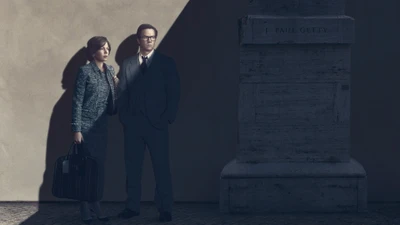 Elegant Couple in Formal Wear at a Cemetery, Emphasizing Shadows and Light