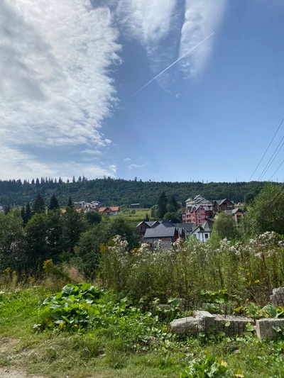 Paisagem rural com vegetação e nuvens cúmulos