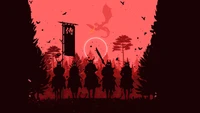 Silhouettes de samouraïs contre un ciel de dragon enflammé