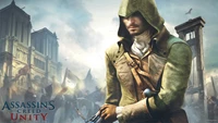 Arno Dorian in Assassin's Creed Unity, mit einer atmosphärischen Kulisse von Paris während der Französischen Revolution.