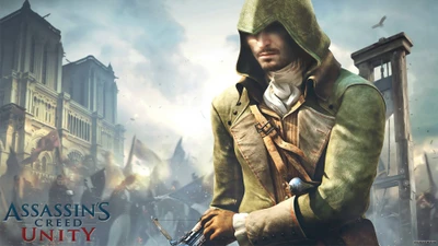 Арно Дориан в Assassin's Creed Unity, демонстрируя атмосферный фон Парижа во время Французской революции.