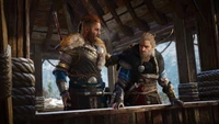 Eivor and a Viking ally strategizing in a Norse setting in Assassin's Creed Valhalla.