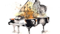 Ilustração em aquarela de um piano de cauda com sobreposição de paisagem urbana