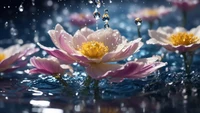 flowers, flower, rain, droplet, digital art wallpaper