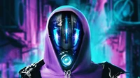 Personagem futurista em magenta e azul elétrico com elementos de ficção científica