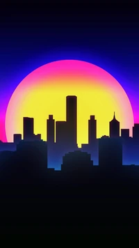 Paysage Urbain Vaporwave au Coucher de Soleil : Une Silhouette Colorée de Métropole