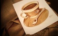 Aquarellmalerei einer Kaffeetasse mit Latte-Art auf einer Untertasse, begleitet von einem Löffel, vor dem Hintergrund von Jutesäcken und Kaffeebohnen.