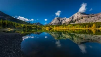 Reflet dans l'étang Wedge au milieu des majestueuses montagnes canadiennes