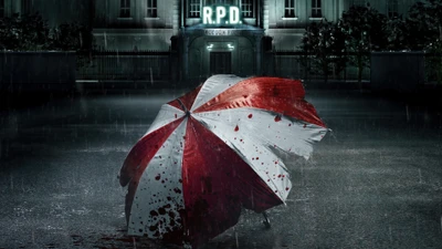 Symbolik der Umbrella Corp: Blutfleckiger Regenschirm in regnerischem Raccoon City