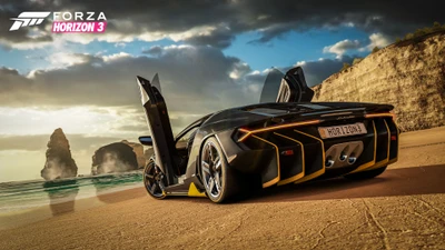 Lamborghini Centenario on a scenic beach in Forza Horizon 3.