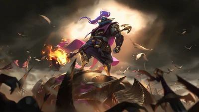 Jax, the Grandmaster at Arms, stands triumphant amidst a storm of chaos, embodying the spirit of legends in Runeterra.