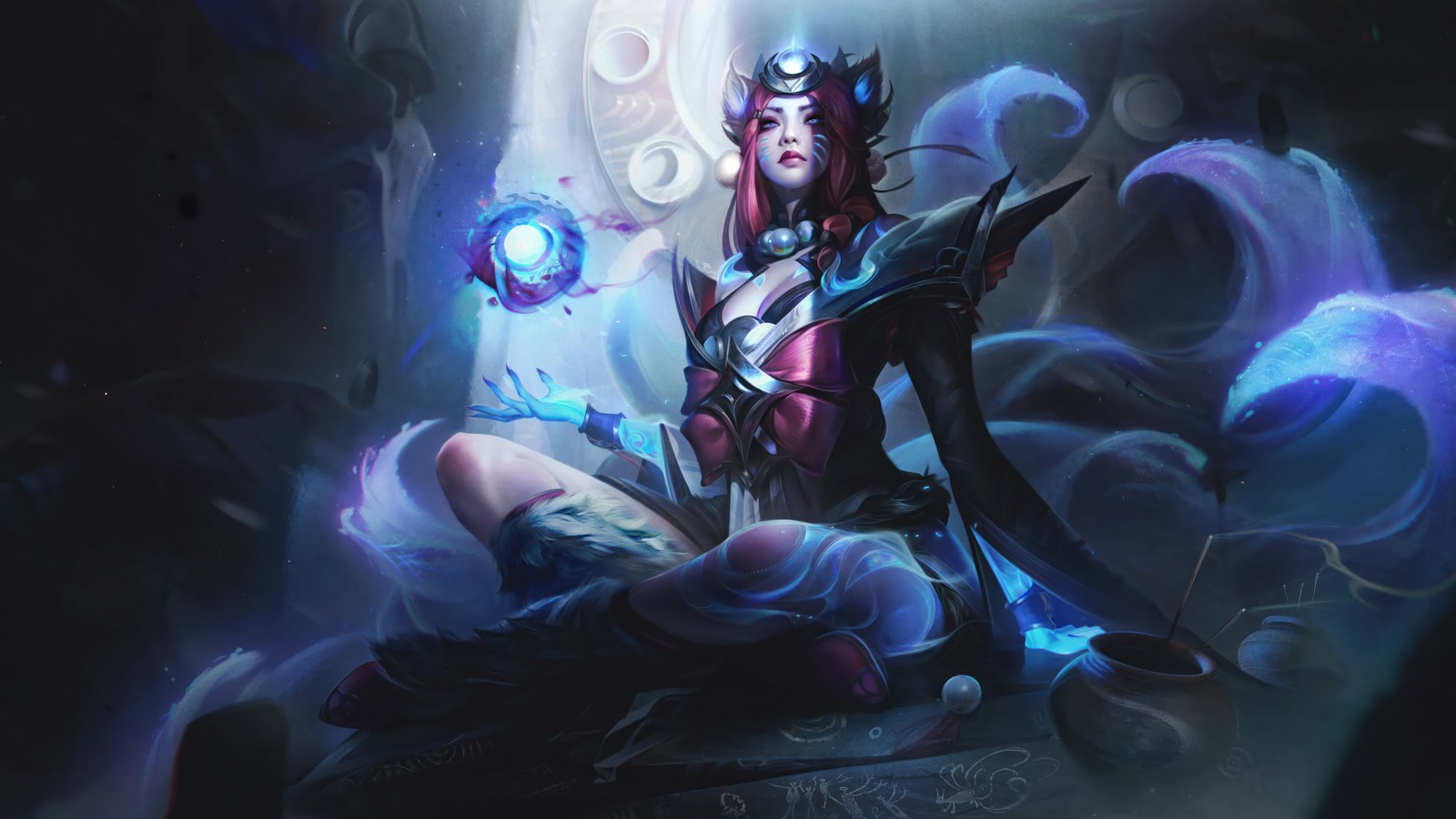 Une femme avec une épée et un orbe lumineux dans la main (lune de neige, ahri, peau, league of legends, lol)