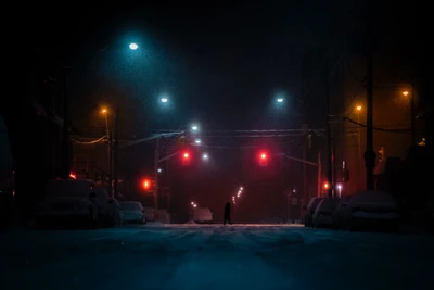 street, night, snow, street light, lighting