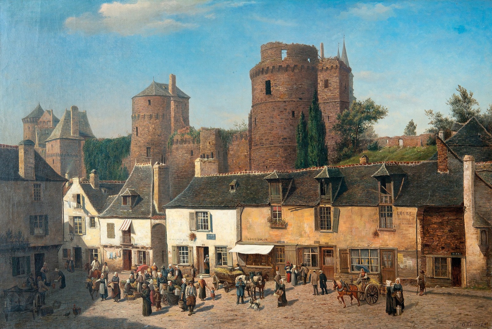 Painting of a town scene with a castle in the background (painting, art, landscape painting, medieval architecture, town)