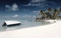 Ruhiger tropischer Strand mit einem Boot und Palmen