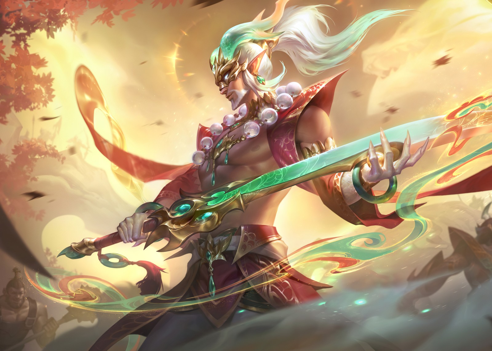 Una mujer con una espada y pelo verde en un bosque (heavenscale master yi, league of legends, maestro yi, master yi, juegos)