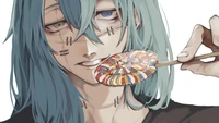 Mahito from Jujutsu Kaisen enjoying a colorful lollipop with a sly grin.