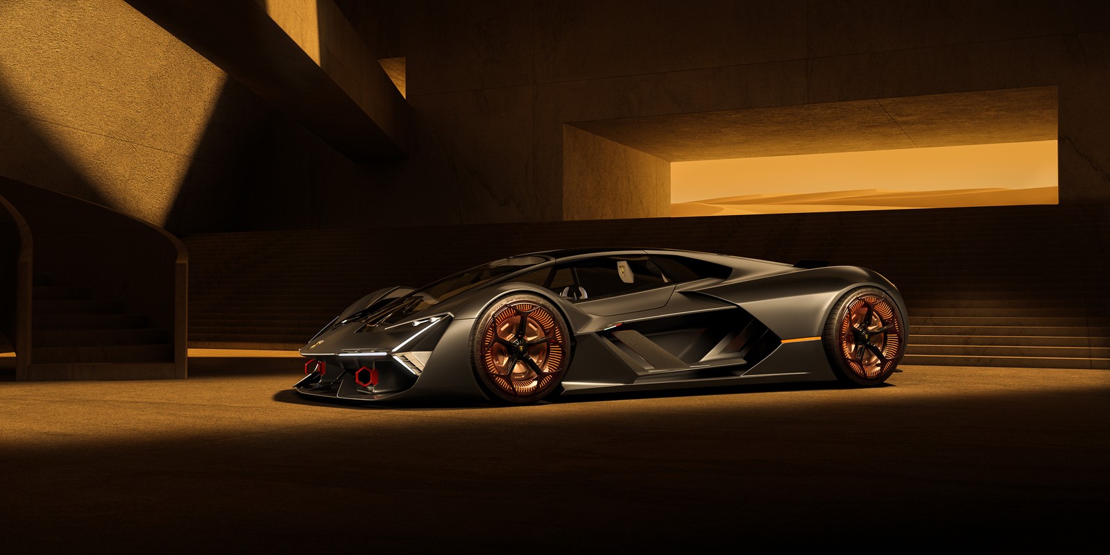 Un primer plano de un coche en una habitación oscura con la luz encendida (lamborghini terzo millennio, estética, hiper coches deportivos, coches, fondo de pantalla 4k)