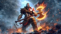 Kratos wielding a fiery axe in a dramatic battle scene from God of War.