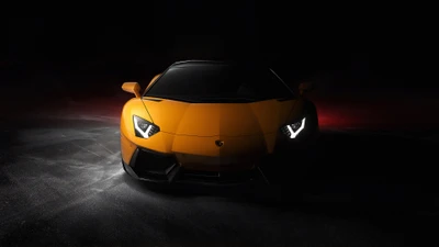 Lamborghini Aventador jaune sur un fond noir, mettant en valeur son design élégant et ses puissants phares.