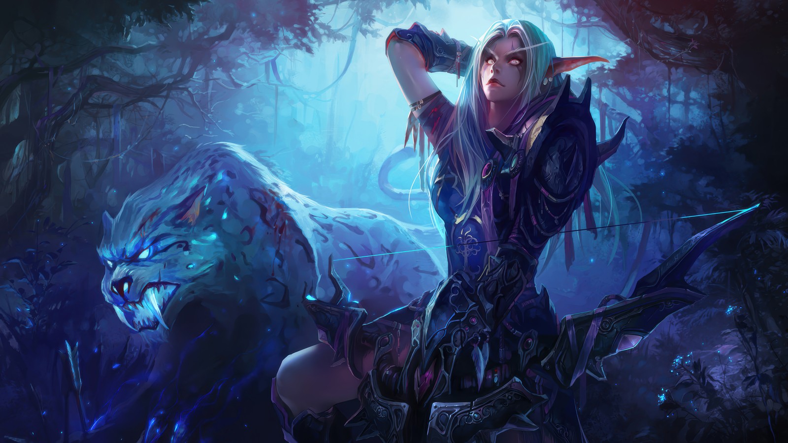 A woman in a dark forest with a wolf and a cat (night elf, world of warcraft, video game, wow)