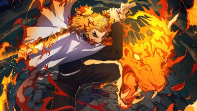 Kyojuro Rengoku, el Pilar de Llama, desata su poder ígneo junto a un tigre llameante en una escena dinámica de Demon Slayer: Kimetsu no Yaiba.