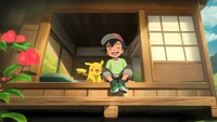 Moments joyeux : Ash Ketchum et Pikachu dans un cadre anime pittoresque