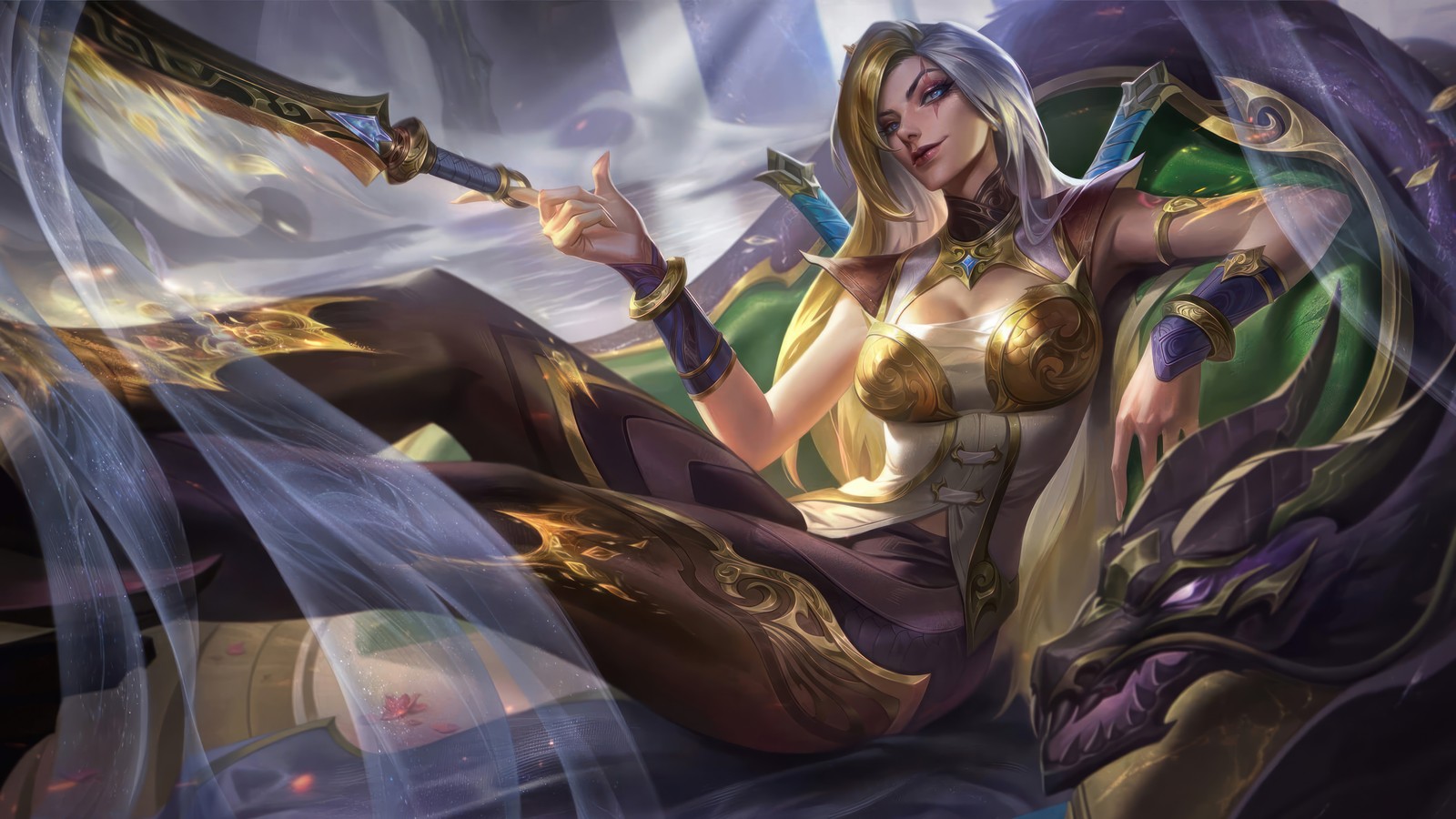 A woman sitting on a chair with a sword in her hand (katarina, warring kingdoms, golden, chroma, skin)