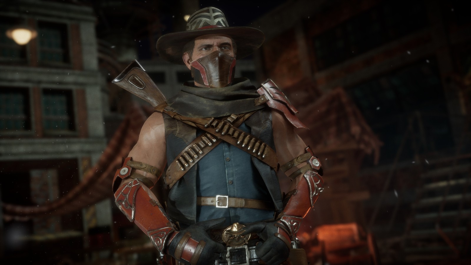 A man in a cowboy outfit holding two guns in a dark room (erron black, mortal kombat 11, video game)