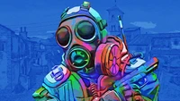 Opérateur SAS vibrant avec un masque à gaz sur fond bleu - art de CS:GO