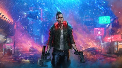 A solitary figure stands in a neon-lit rain-soaked cityscape, wielding firearms against a backdrop of vibrant, futuristic advertisements, embodying the spirit of cyberpunk.