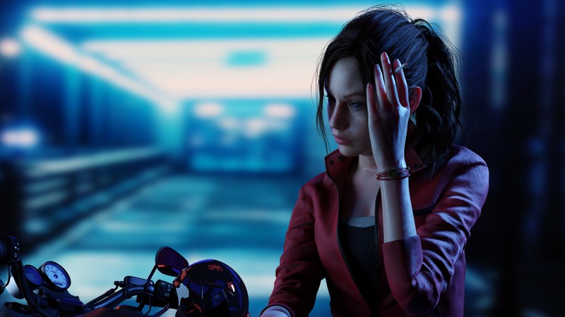 Женщина сидит на мотоцикле, положив руку на голову (клэр редфилд, claire redfield, resident evil 2, ремейк, видеоигра)