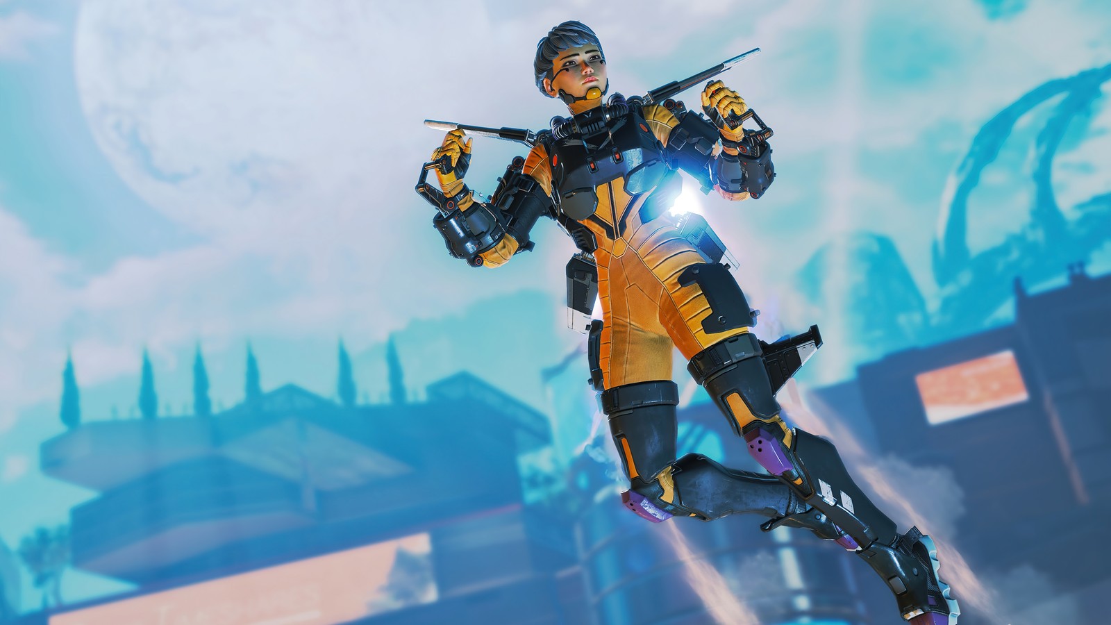 Une capture d'écran d'un homme en tenue jaune et noire tenant une arme (valkyrie, apex legends, jeu vidéo, héritage de la saison 9, season 9 legacy)