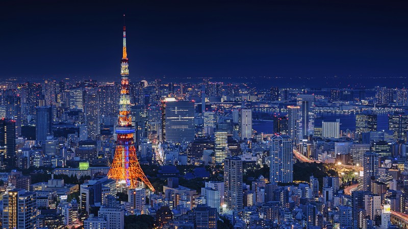 Вид сверху на город ночью с высокой башней (токийская башня, tokyo tower, ночь, город, пейзаж)