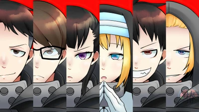 Compagnie 8 personnages de Fire Force : Akitaru Obi, Takehisa Hinawa, Maki Oze, Iris, Shinra Kusakabe et Arthur Boyle