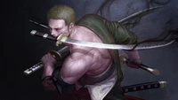 Roronoa Zoro en una pose dinámica, empuñando tres katanas de One Piece, mostrando su maestría en el estilo de tres espadas.