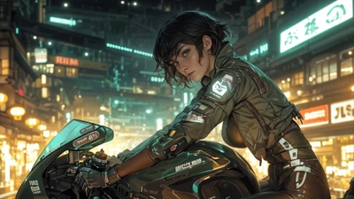 Fille cyberpunk sur une moto futuriste dans une ville néon