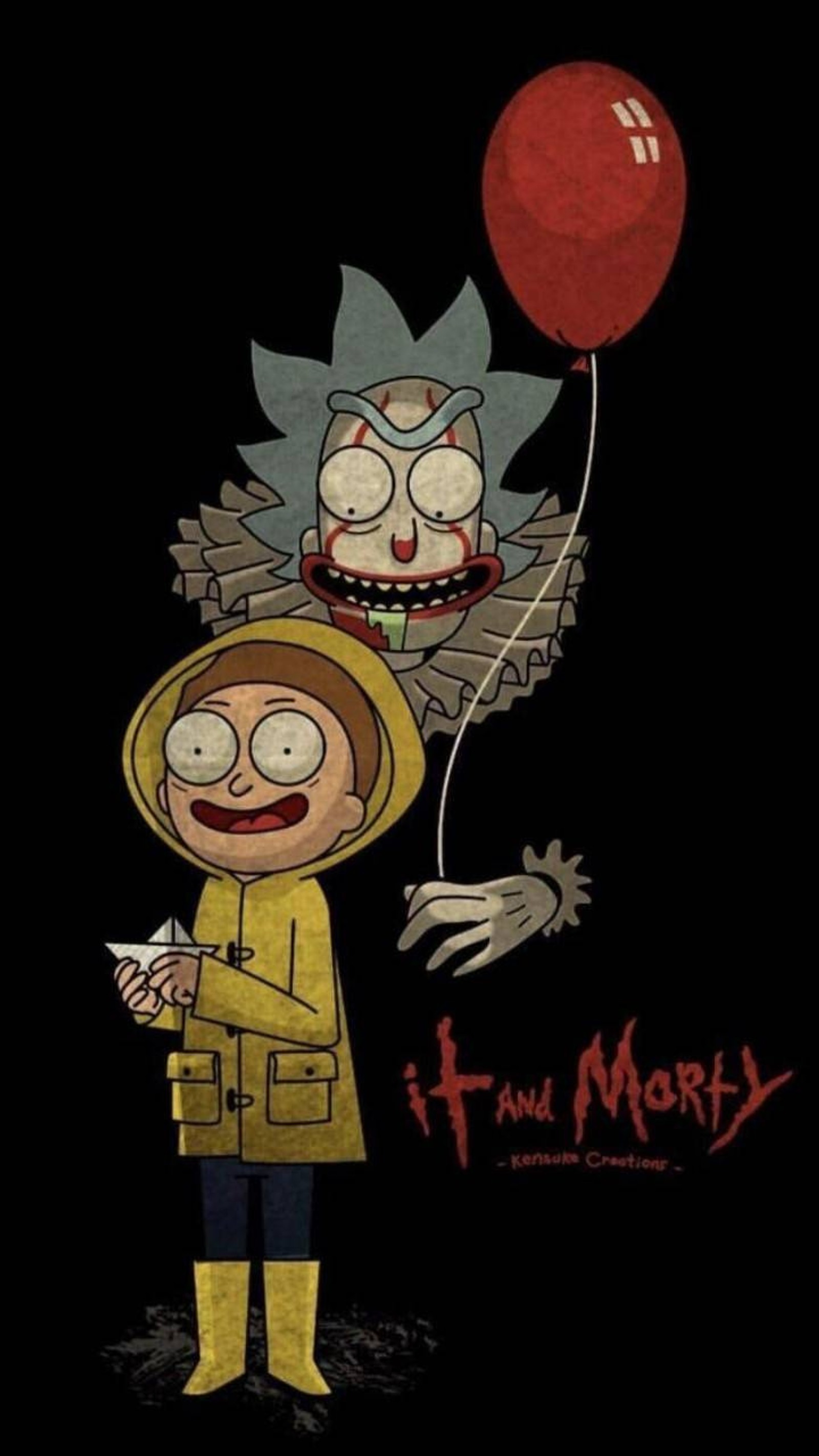 Um personagem de desenho animado segurando um balão vermelho com um rosto nele (horror, it, morty, pennywize, rick)