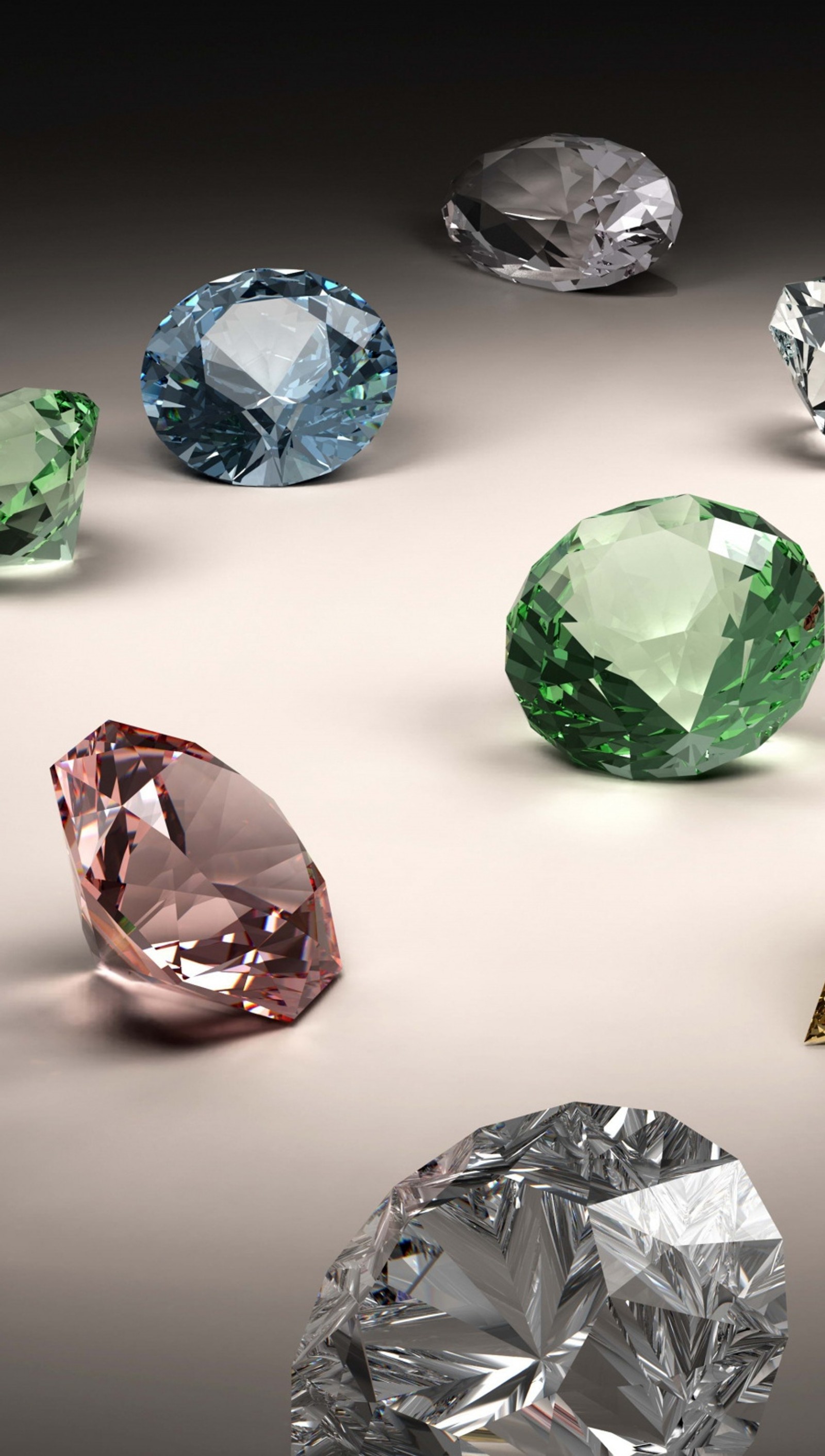 Um close-up de um grupo de diamantes de cores diferentes em uma mesa (diamantes, joias, pedras)