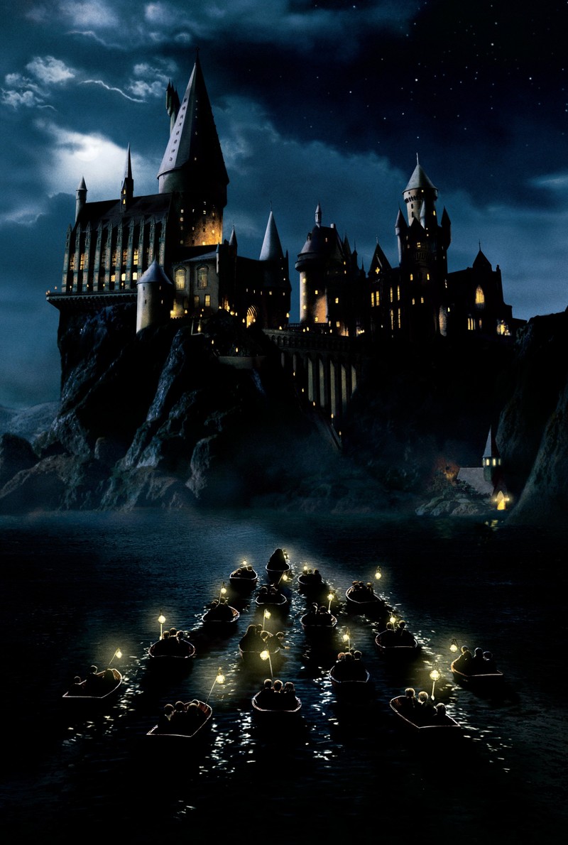 Ночной пейзаж замка хогвартс с лодками на воде (замок, гарри поттер, harry potter, hd, магия)