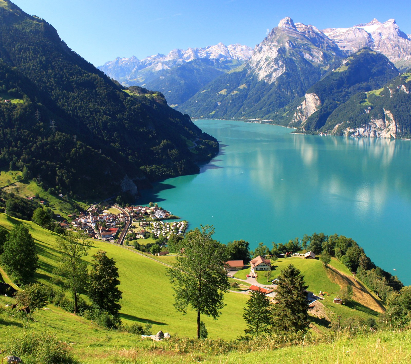 Arafed view of a lake and a village in the mountains (lake, mountains, switzerland, trees)