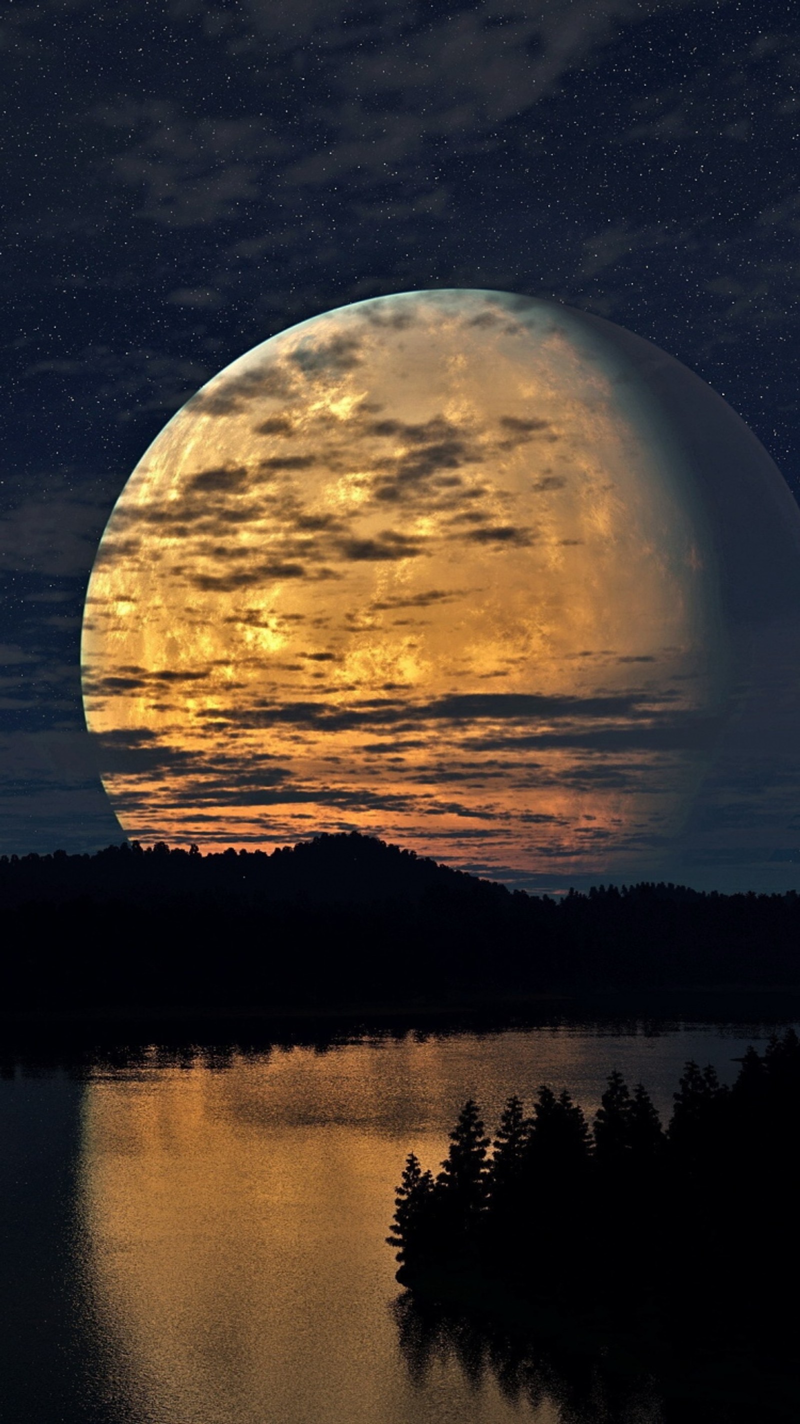 Arabischer blick auf den mond über einem see mit bäumen im vordergrund (wald, mond, nacht, fluss, himmel)