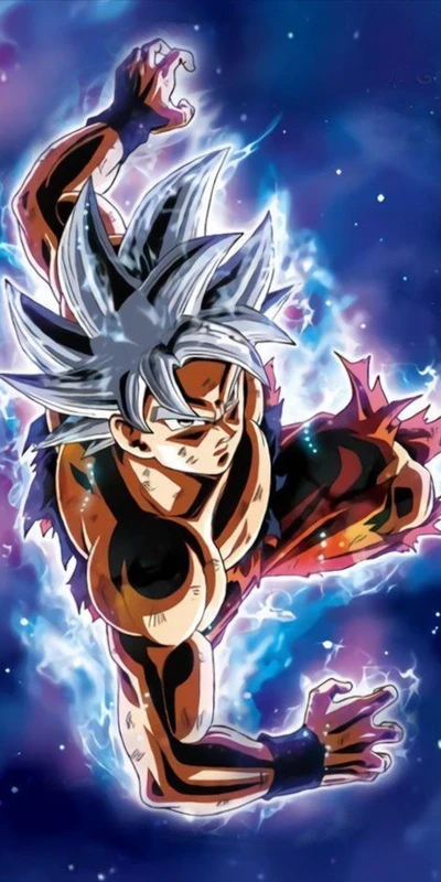 Goku en forme d'Ultra Instinct se lançant à l'action contre un fond cosmique