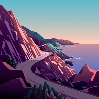 Vibrant Coastal Roadscape with Rolling Hills and Sunset Hues